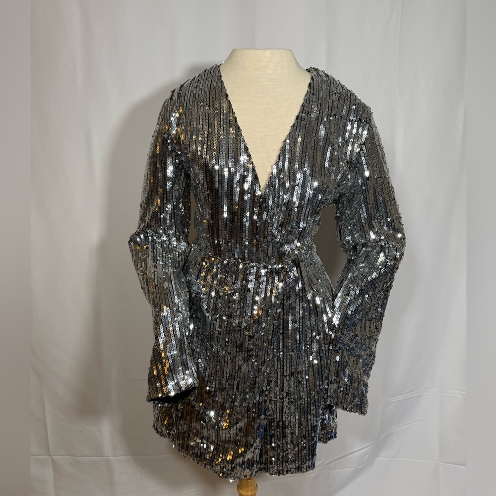 PrettyLittleThing Silver Sequin Dress size 10